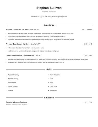 Program Technician Resume