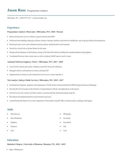 Programmer Analyst Resume