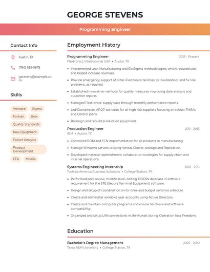 Programming Engineer Resume