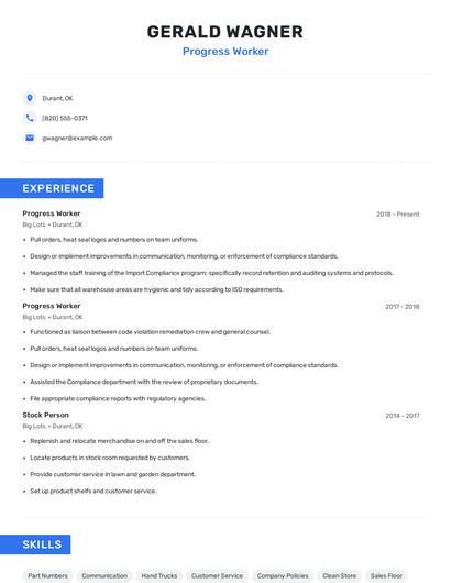 Progress Worker Resume