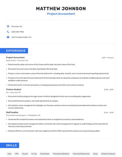 Project Accountant Resume
