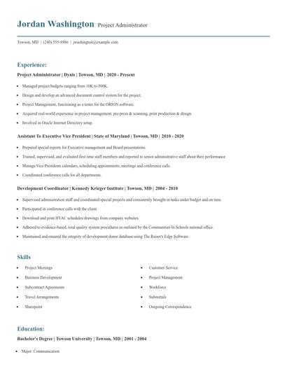 Project Administrator Resume
