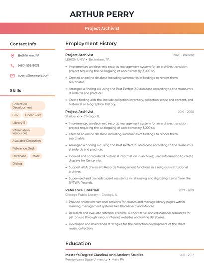 Project Archivist Resume