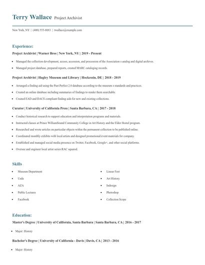 Project Archivist Resume