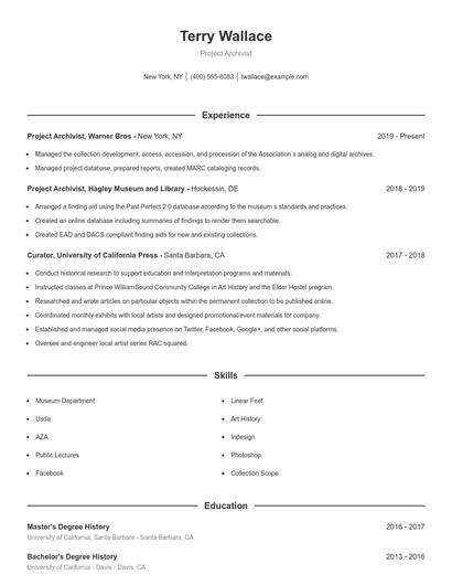 Project Archivist Resume
