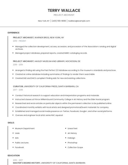 Project Archivist Resume