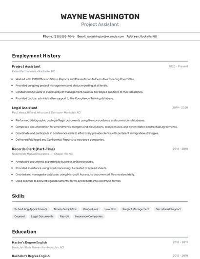 Project Assistant Resume