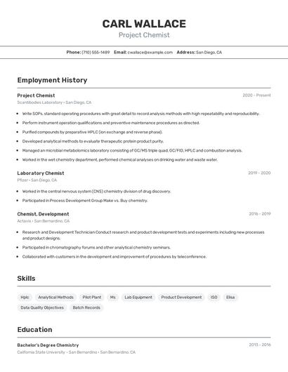 Project Chemist Resume