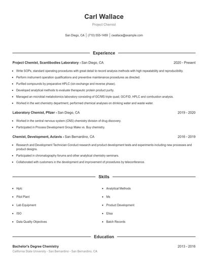 Project Chemist Resume