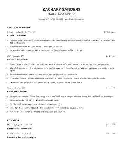 Project Coordinator Resume