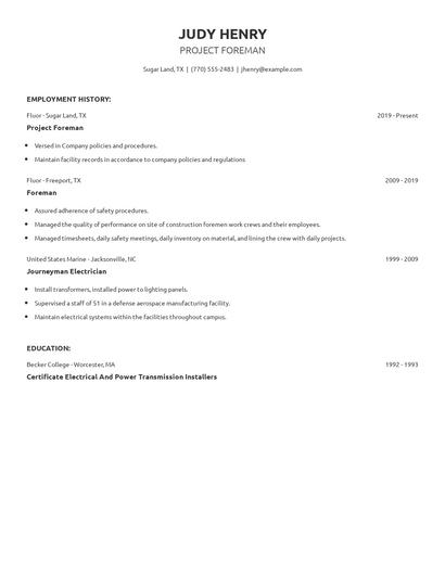 Project Foreman Resume