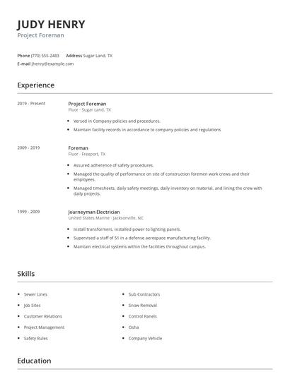 Project Foreman Resume