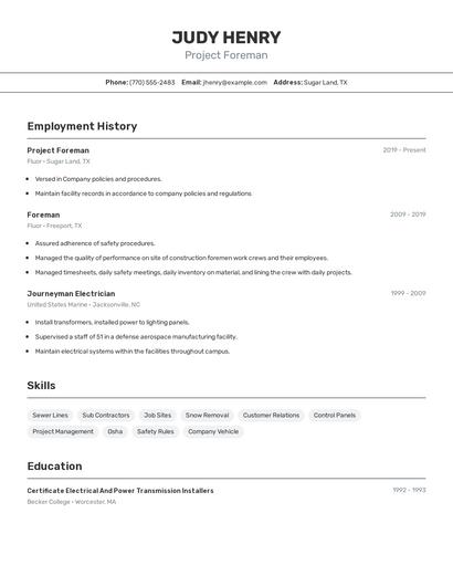 Project Foreman Resume