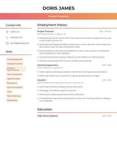 Project Foreman Resume