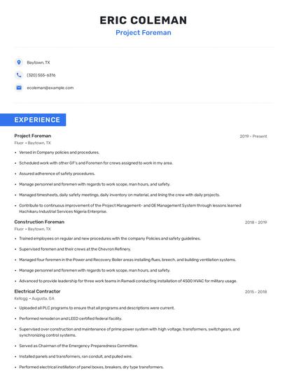 Project Foreman Resume