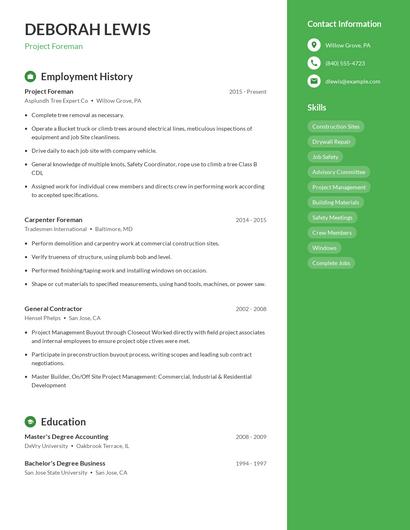 Project Foreman Resume