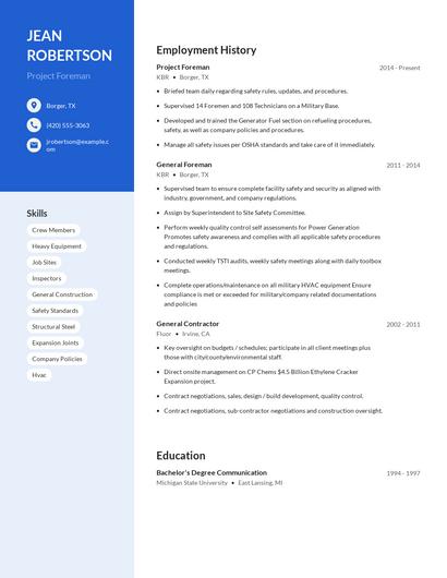 Project Foreman Resume