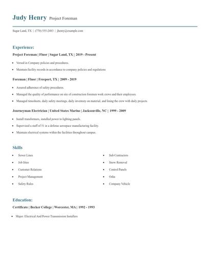 Project Foreman Resume