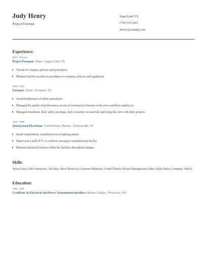 Project Foreman Resume