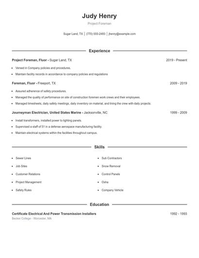 Project Foreman Resume