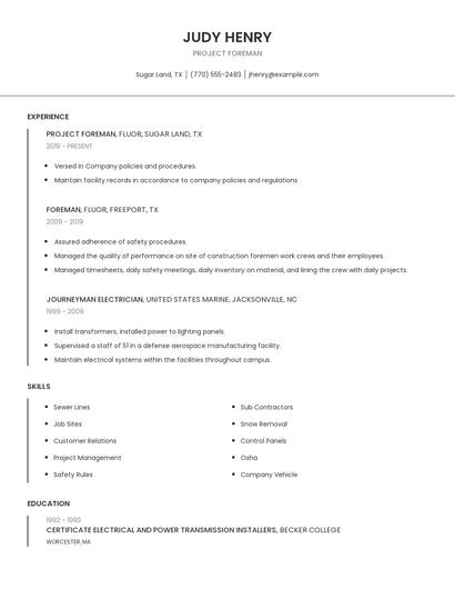 Project Foreman Resume