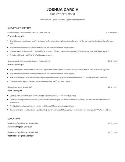 Project Geologist Resume