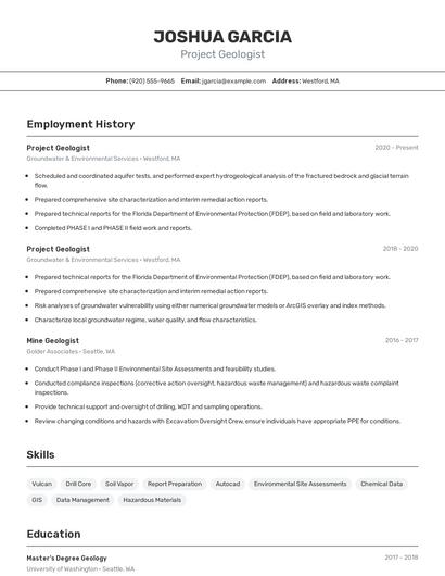 Project Geologist Resume