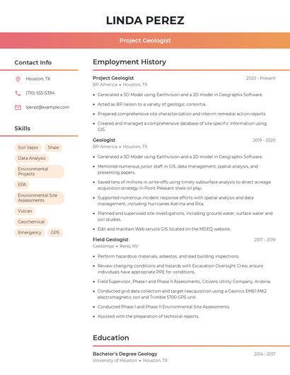 Project Geologist Resume