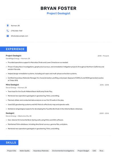 Project Geologist Resume