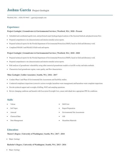 Project Geologist Resume