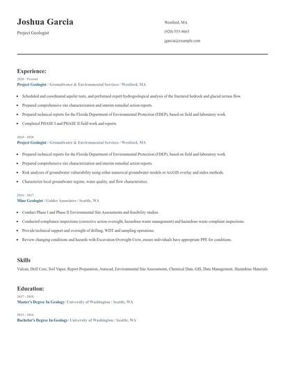 Project Geologist Resume