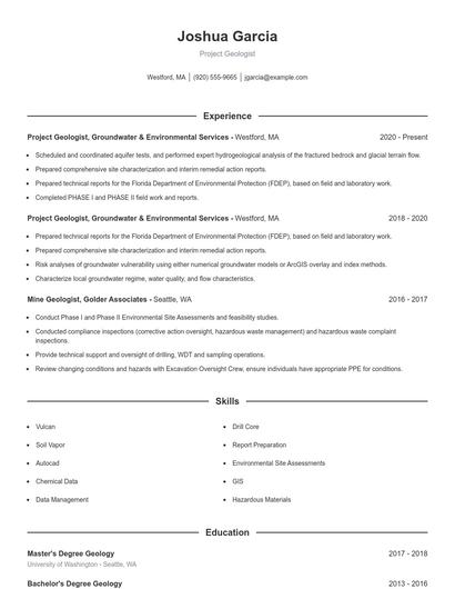 Project Geologist Resume