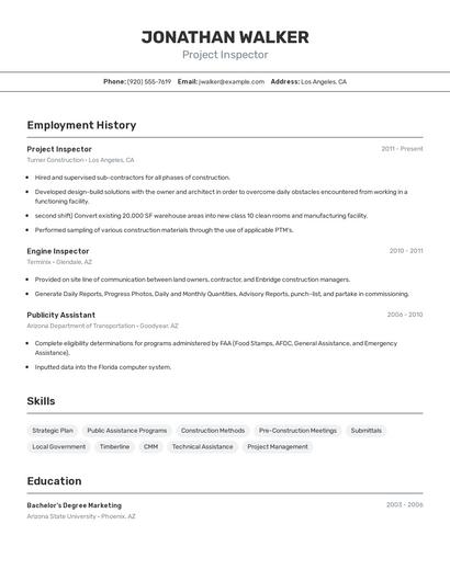 Project Inspector Resume