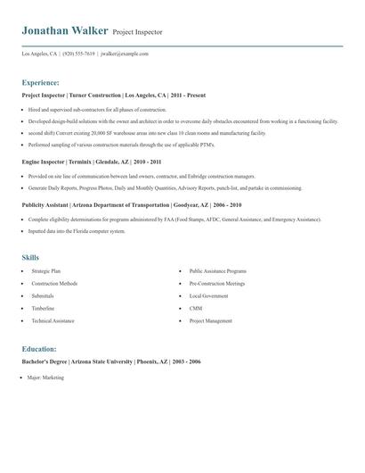 Project Inspector Resume