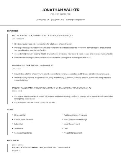 Project Inspector Resume