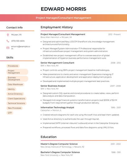 Project Manager/Consultant Management Resume