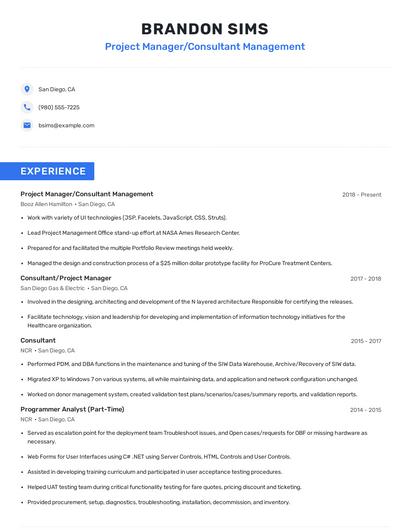 Project Manager/Consultant Management Resume