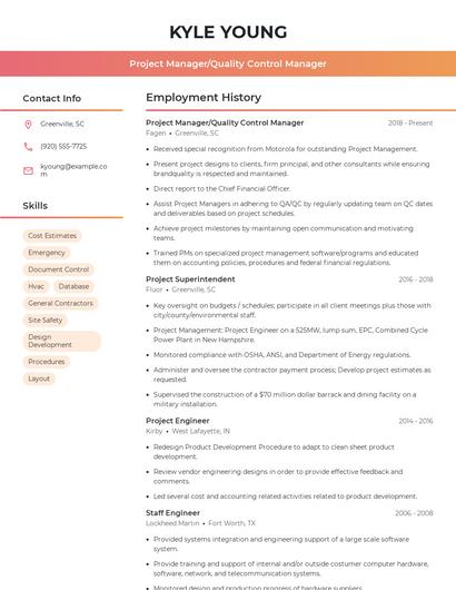 Project Manager/Quality Control Manager Resume