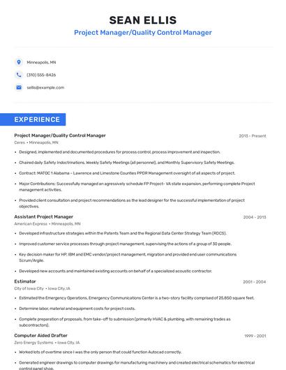 Project Manager/Quality Control Manager Resume