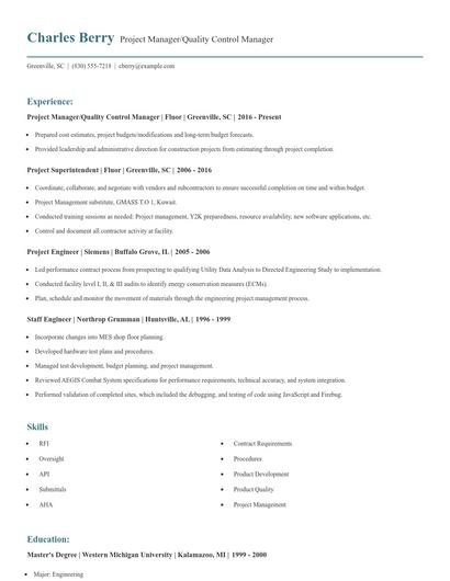 Project Manager/Quality Control Manager Resume