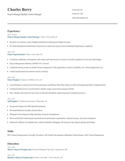 Project Manager/Quality Control Manager Resume