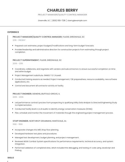Project Manager/Quality Control Manager Resume