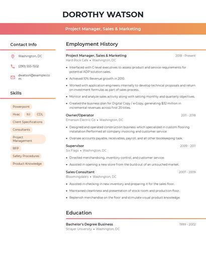 Project Manager, Sales & Marketing Resume