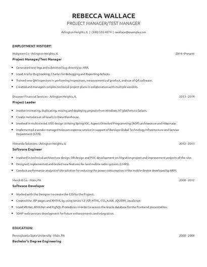 Project Manager/Test Manager Resume