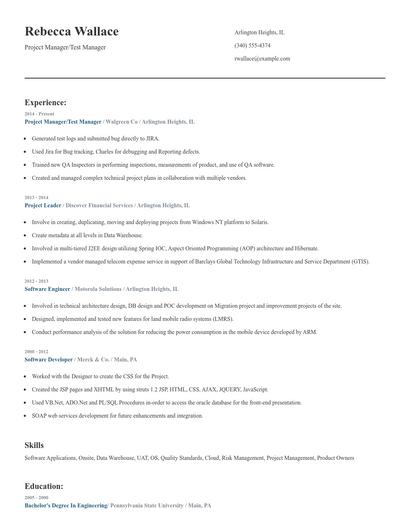 Project Manager/Test Manager Resume
