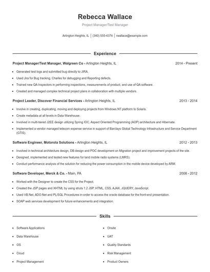 Project Manager/Test Manager Resume
