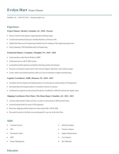 Project Planner Resume