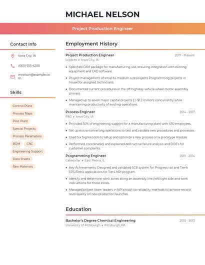 Project Production Engineer Resume