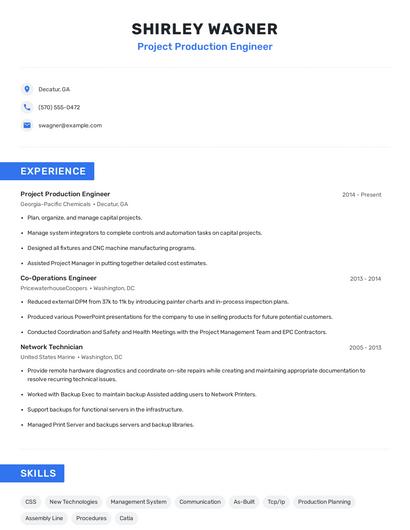 Project Production Engineer Resume