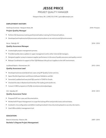 Project Quality Manager Resume